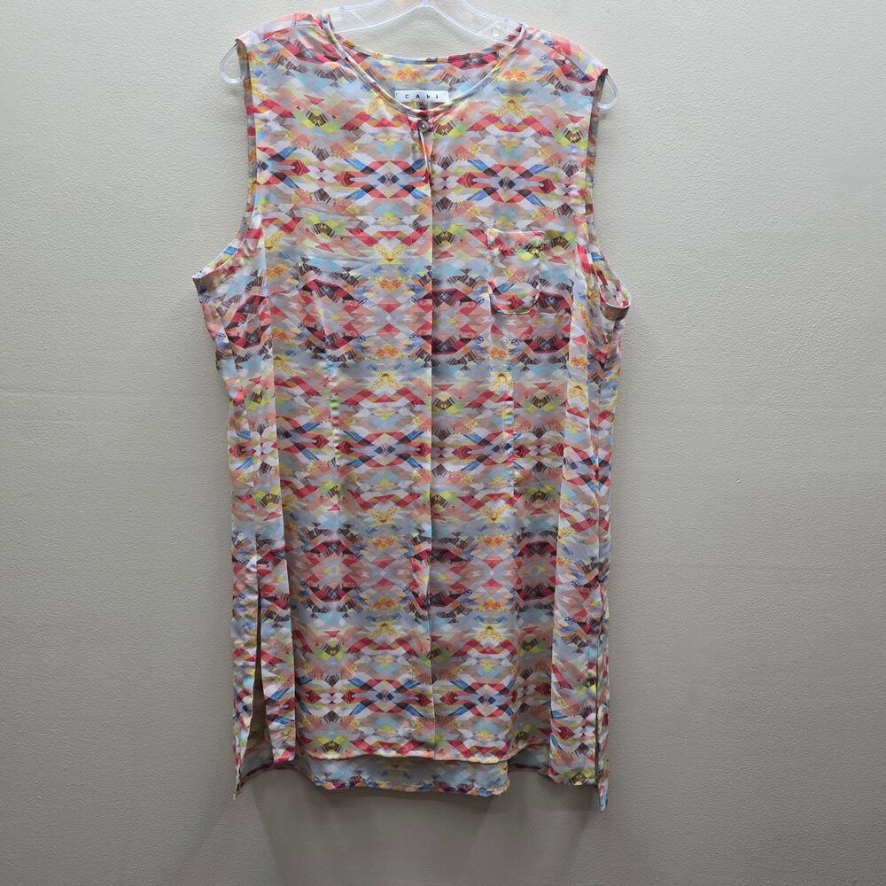 Cabi Avery Geometric Aztec Print Sheer Sleeveless Tunic Top Multicolor Size XL